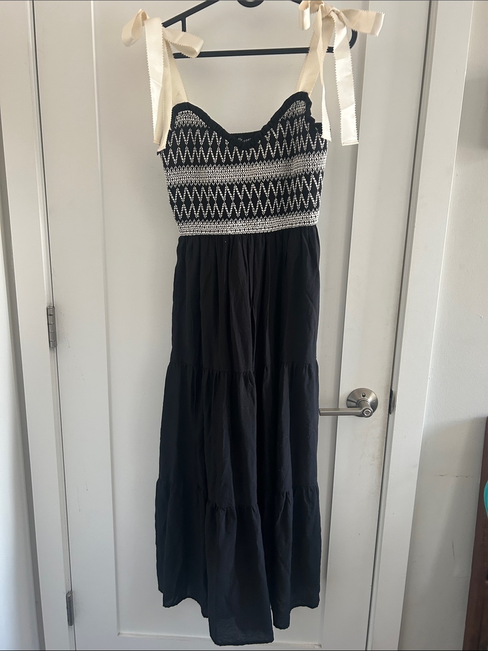 Black smocked Blu Pepper Maxi Dress with Cream satin ribbon straps